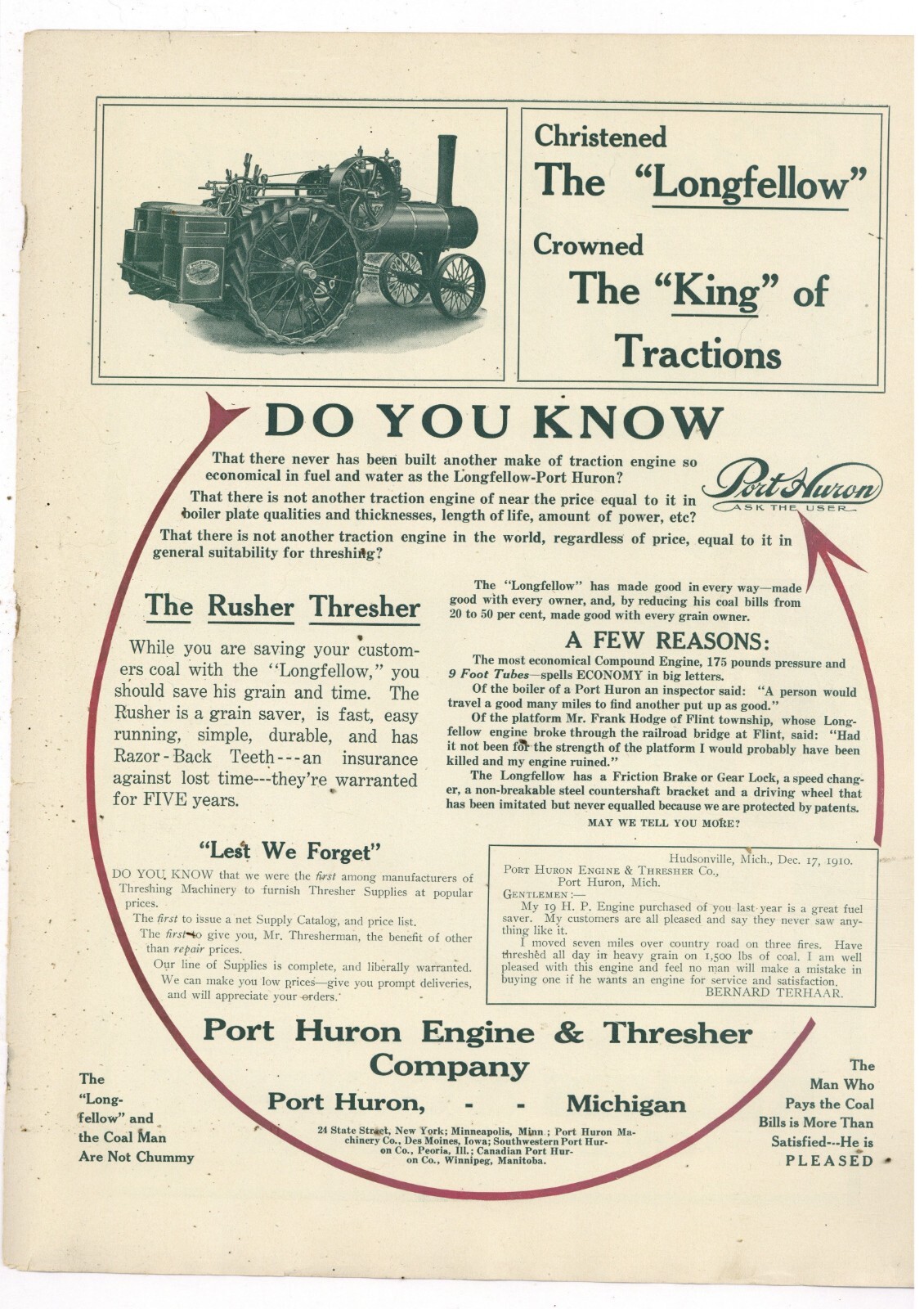 1911 Port Huron Engine & Thresher Co. Ad: Longfellow – King of Tractions –