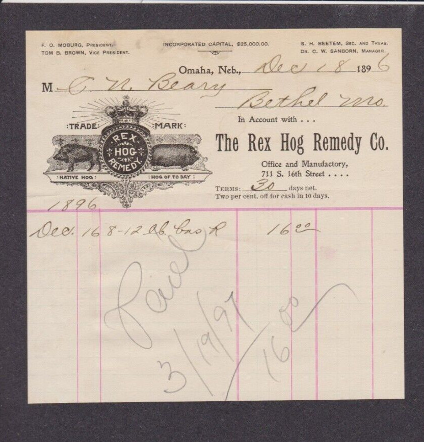 1896 Rex Hog Remedy Co Bus. Receipt- Bethel Mo Bus. – Native Hog & Today&rsquo;s Hog