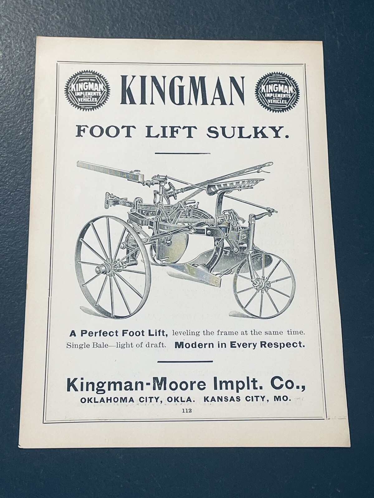 ORIGINAL 1907 Kingman Foot Lift Sulky Farm Implement Advertising