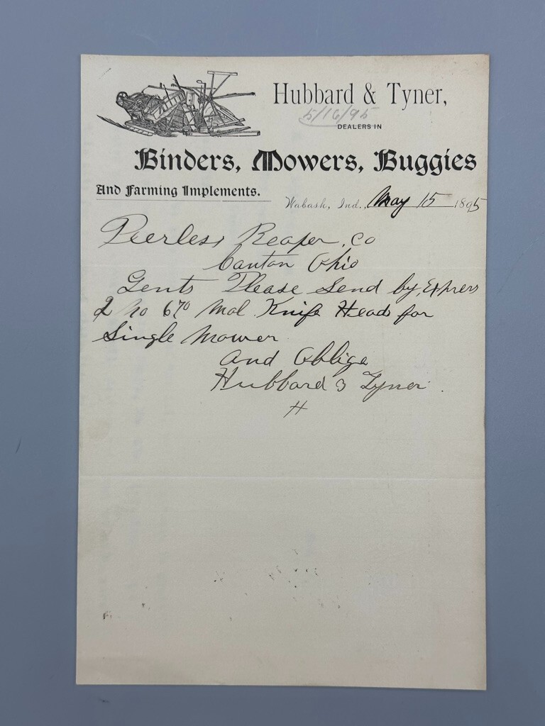 1895 FARM Machinery HUBBARD & TYNER Advertising Letterhead WABASH Indiana Antiq