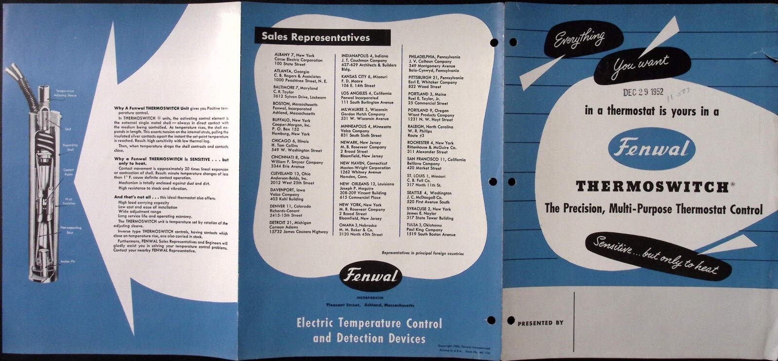 1952 Fenwal Thermoswitch Precision Thermostat Control Fenwal Inc Ashland MA