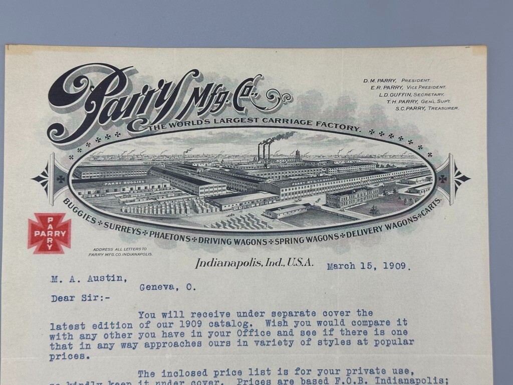 1909 PARRY CARRIAGE Letter Invoice Ephemera INDIANAPOLIS Advertising