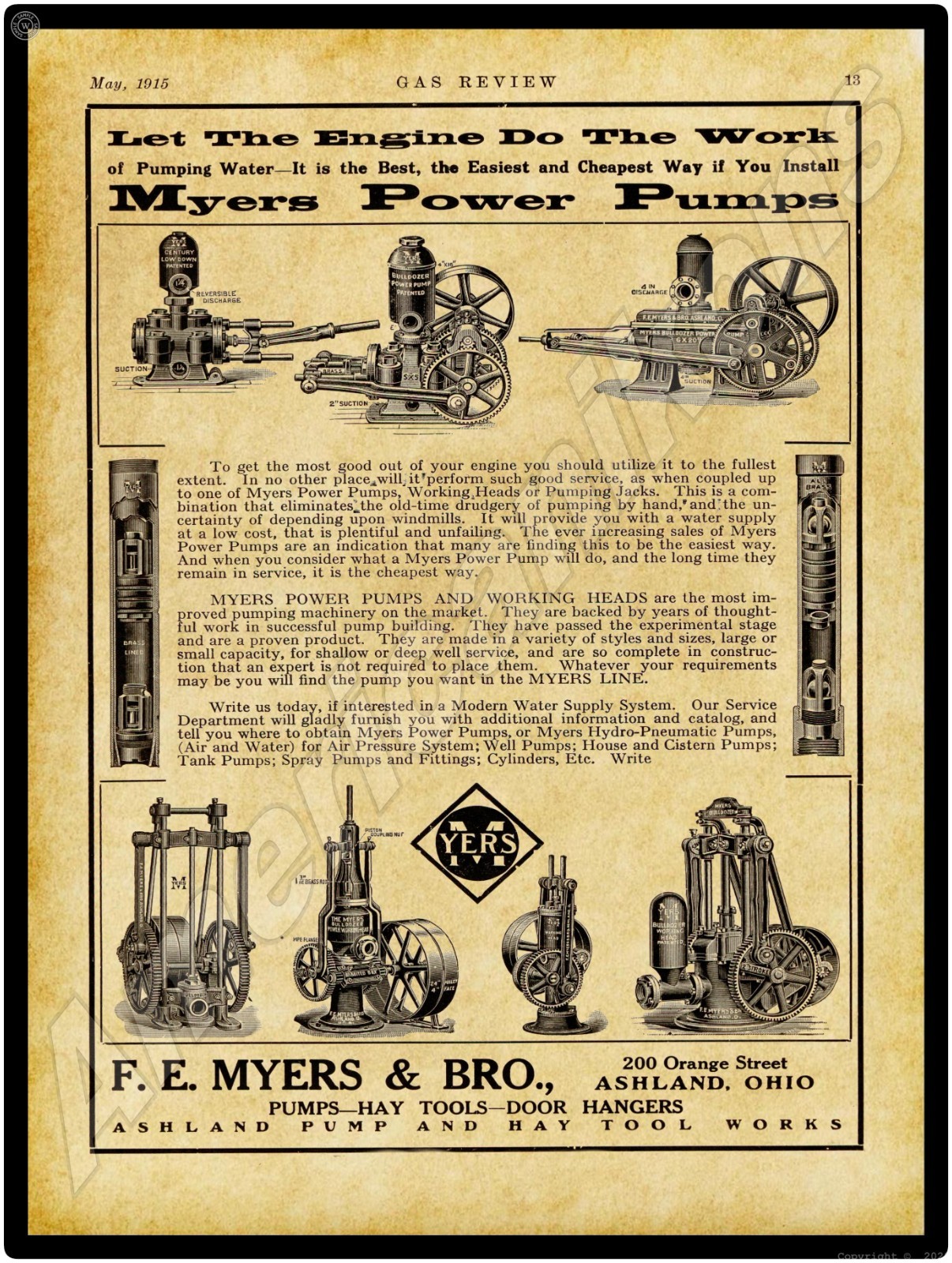 1915 F.E. Myers & Bro. Ashland OhiO Power Pumps NEW Metal Sign: 15×20&Prime; USA Steel