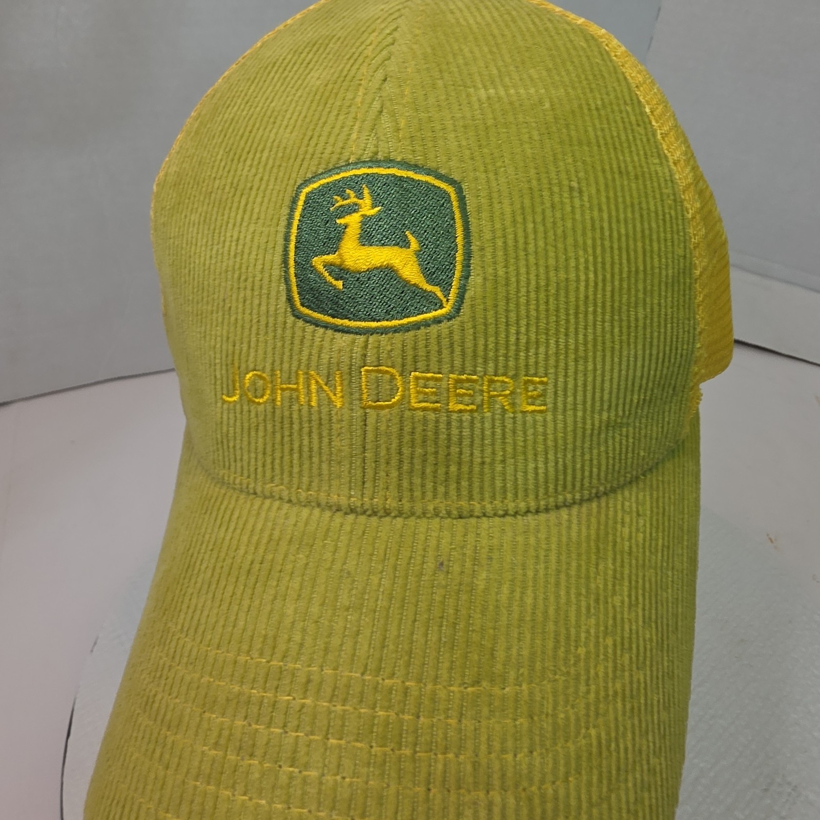 Green/yellow John Deere baseball cap hat knit front mesh back.. Corduroy Snapbac