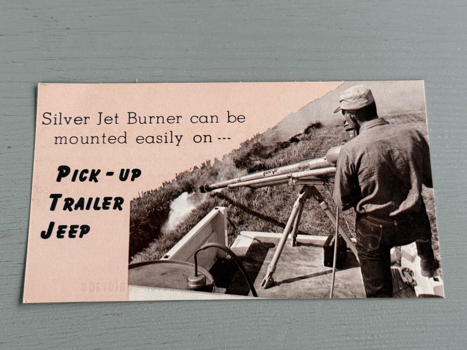 Vintage Advertising Card Silver Jet Burner Flame Thrower Mounts to Jeep Truck