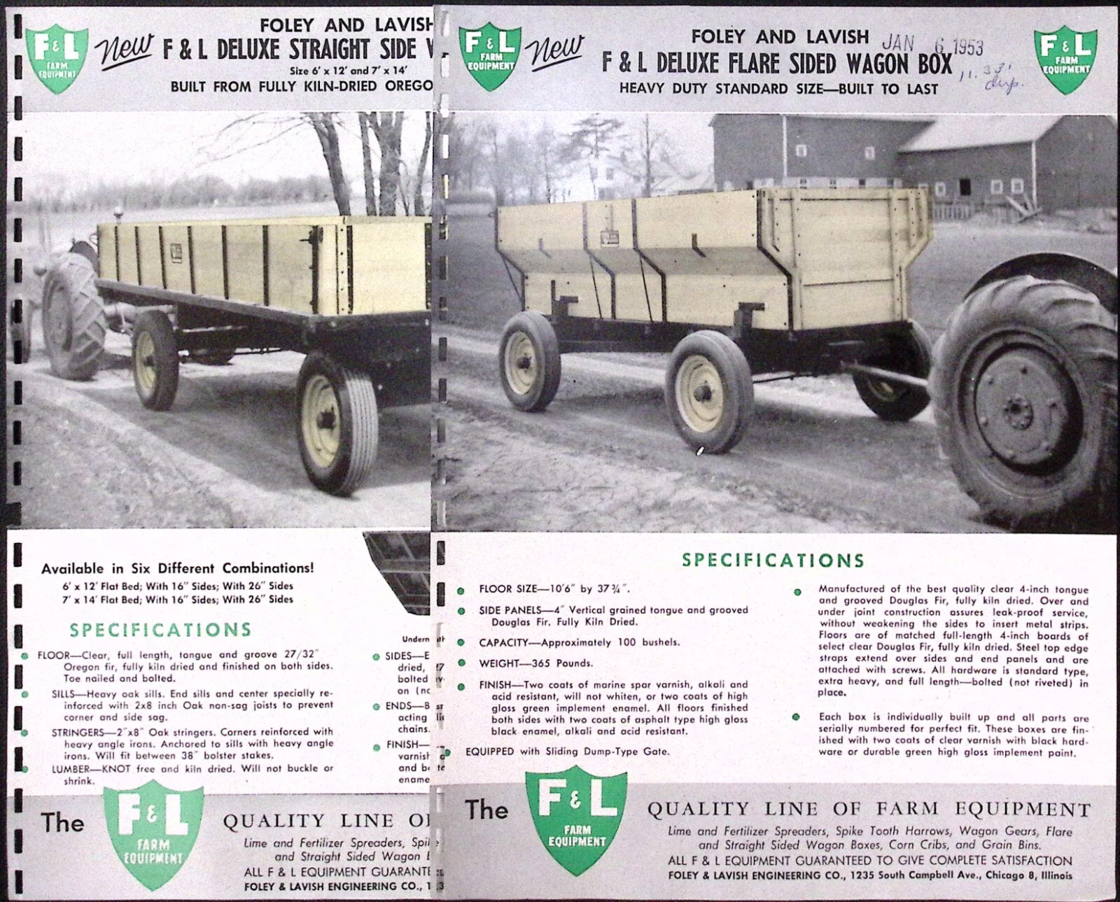 1953 Foley & Lavish F&L Deluxe Straight Side Wagon Box Brochure Chicago IL