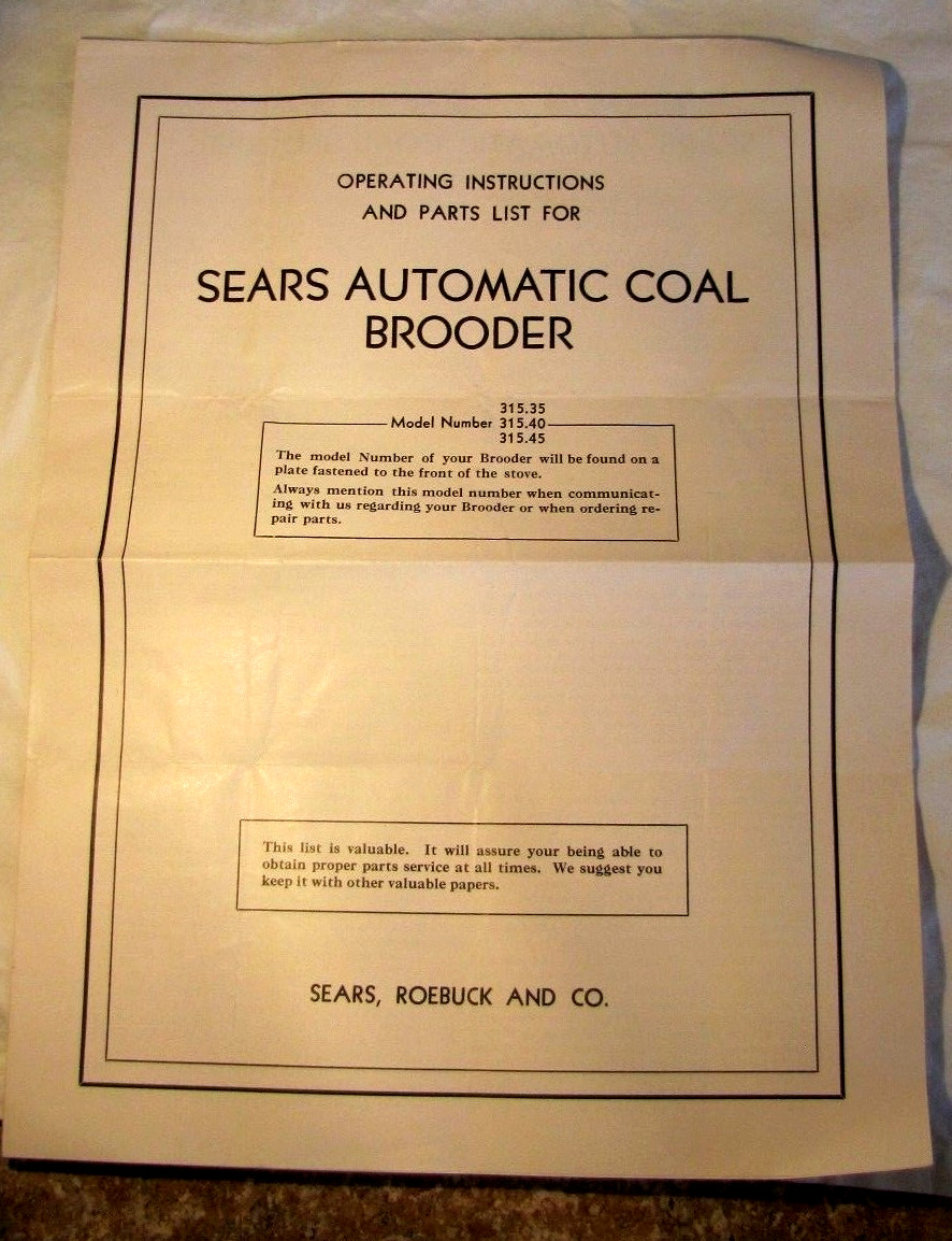 Vintage Sears Coal Poultry Brooder Model 315 Instructions Brochure Parts List