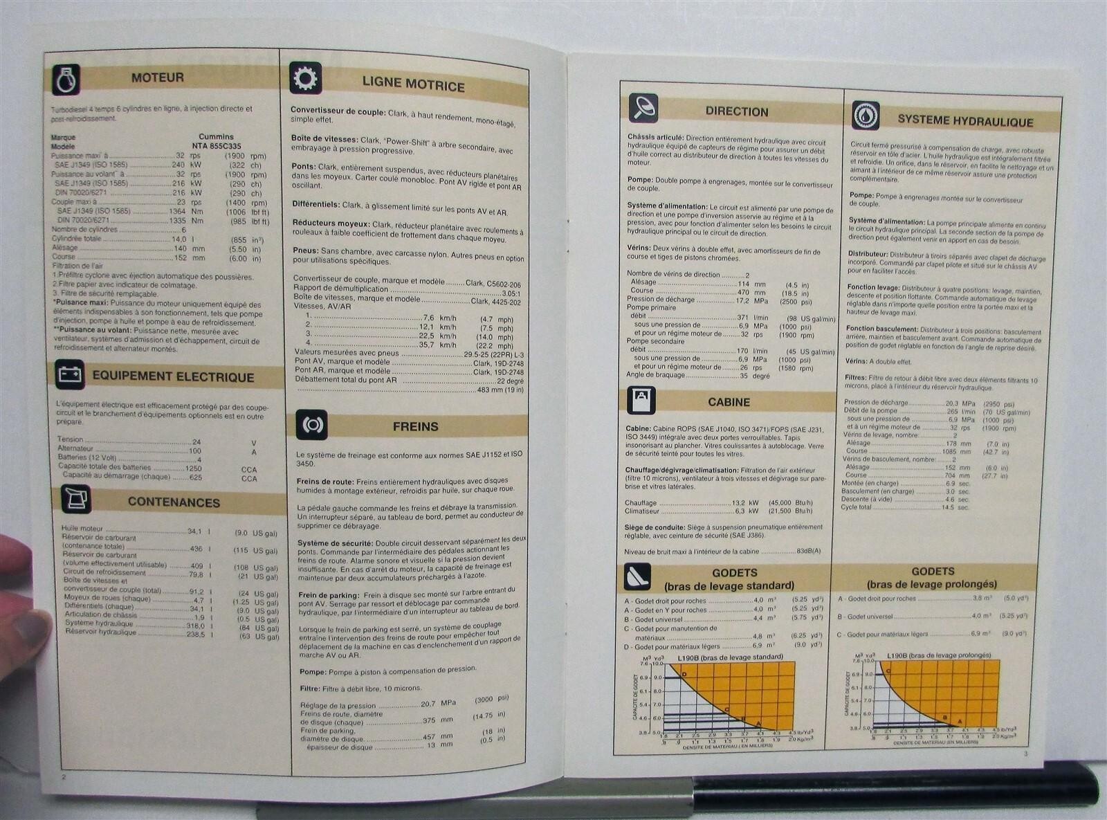 1991 Michigan L190B Loader Specification Construction Sale Brochure FRENCH TEXT