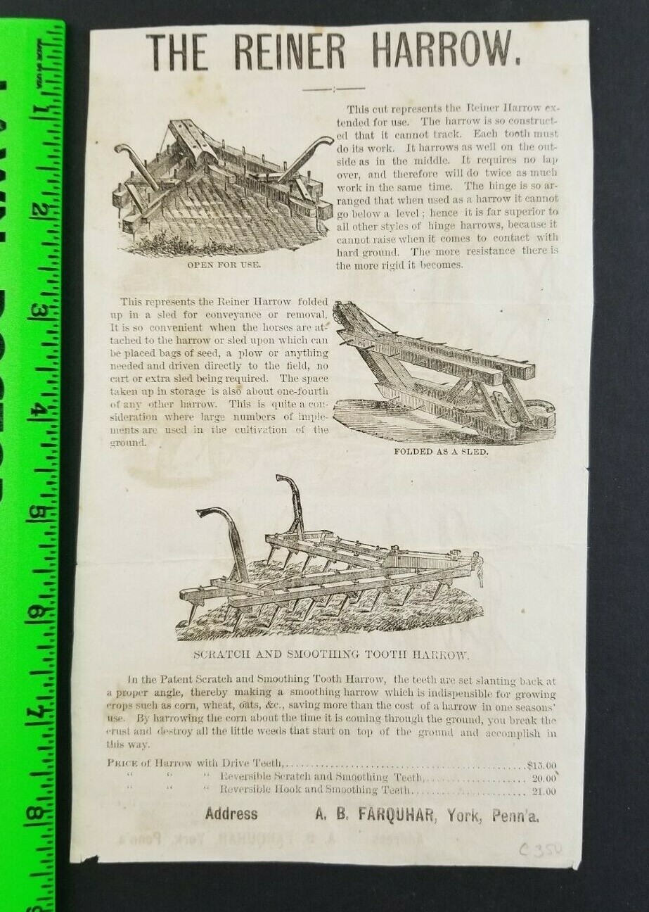 Vintage 1890&rsquo;s Agricultural Farming Reiner Wrought Iron Harrow Sales Flyer