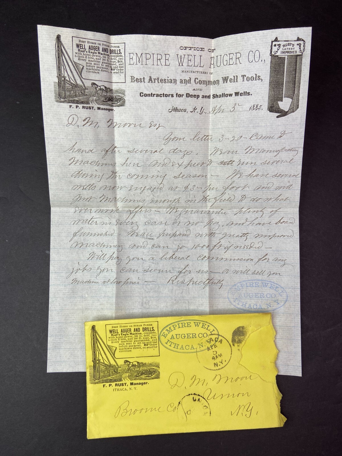 SUPER Rare Letterhead & Cover 1883 Horse or Steam Empire Well Drill – Ithaca NY