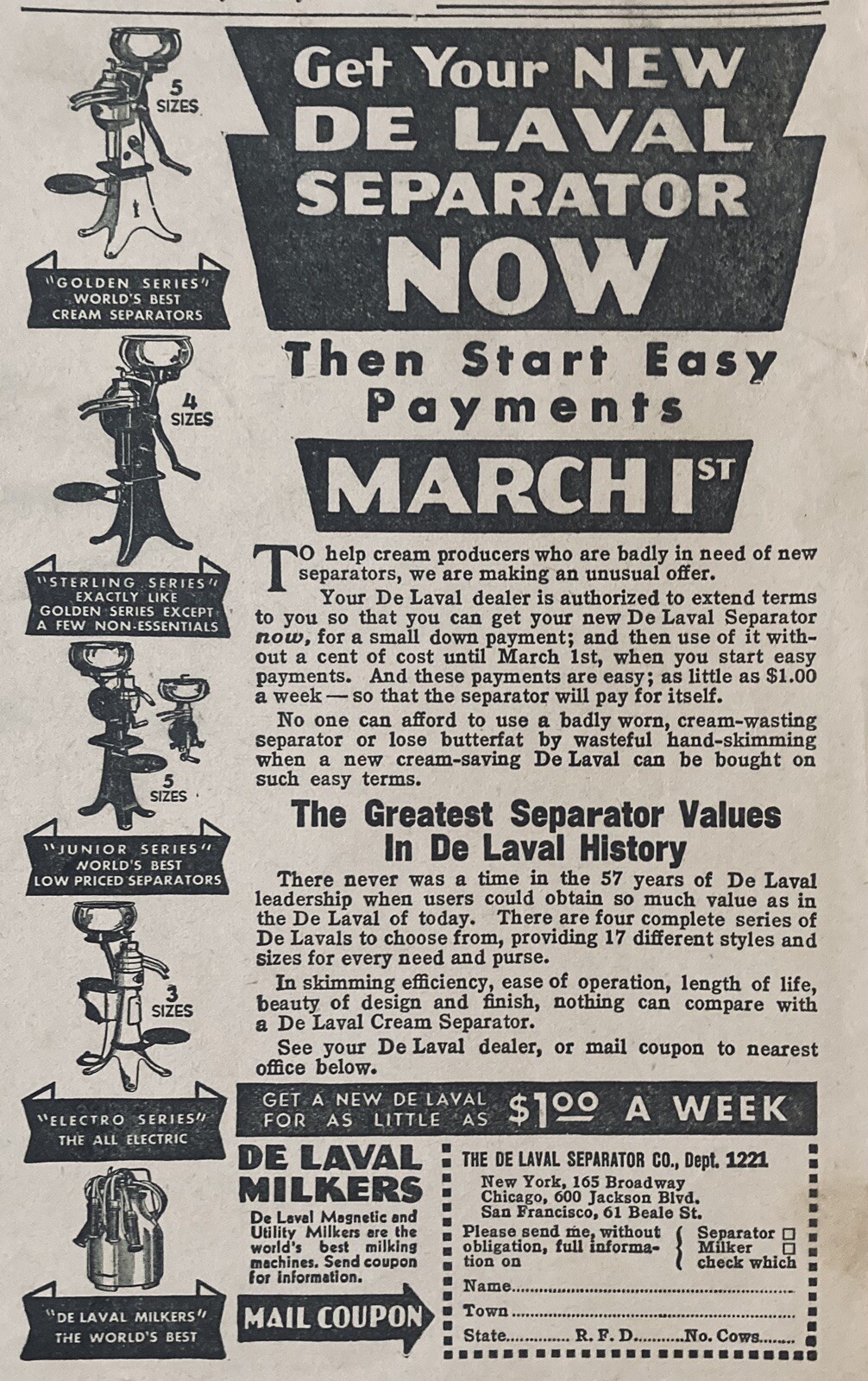 1935 AD.(XH28)~DE LAVAL SEPARATOR CO. NYC. DE LAVAL GOLDEN AND STERLING SERIES
