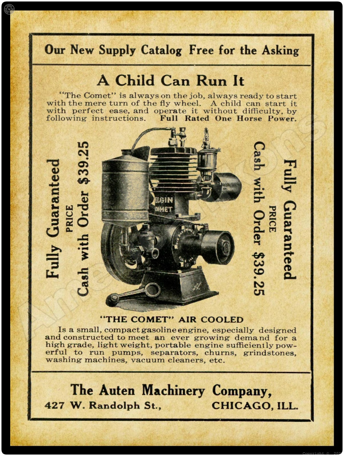 1911 Auten Machinery Elgin Comet Gas Engines New Metal Sign: LARGE SIZE 12 x 16