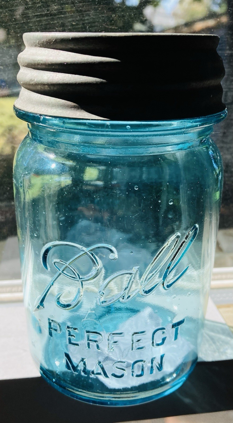 BLUE PINT C.1923 BALL “PERFECT MASON” JAR #4~5.25”H IN VG CONDITION