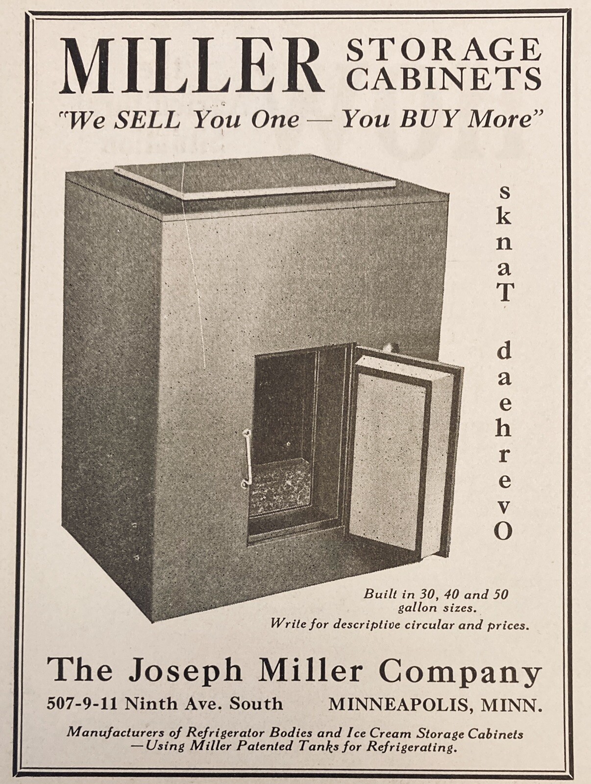 1925 AD.(XF13)~JOS. MILLER CO. MINNEAPOLIS. MN. MILLER ICE CREAM STORAGE CABINET