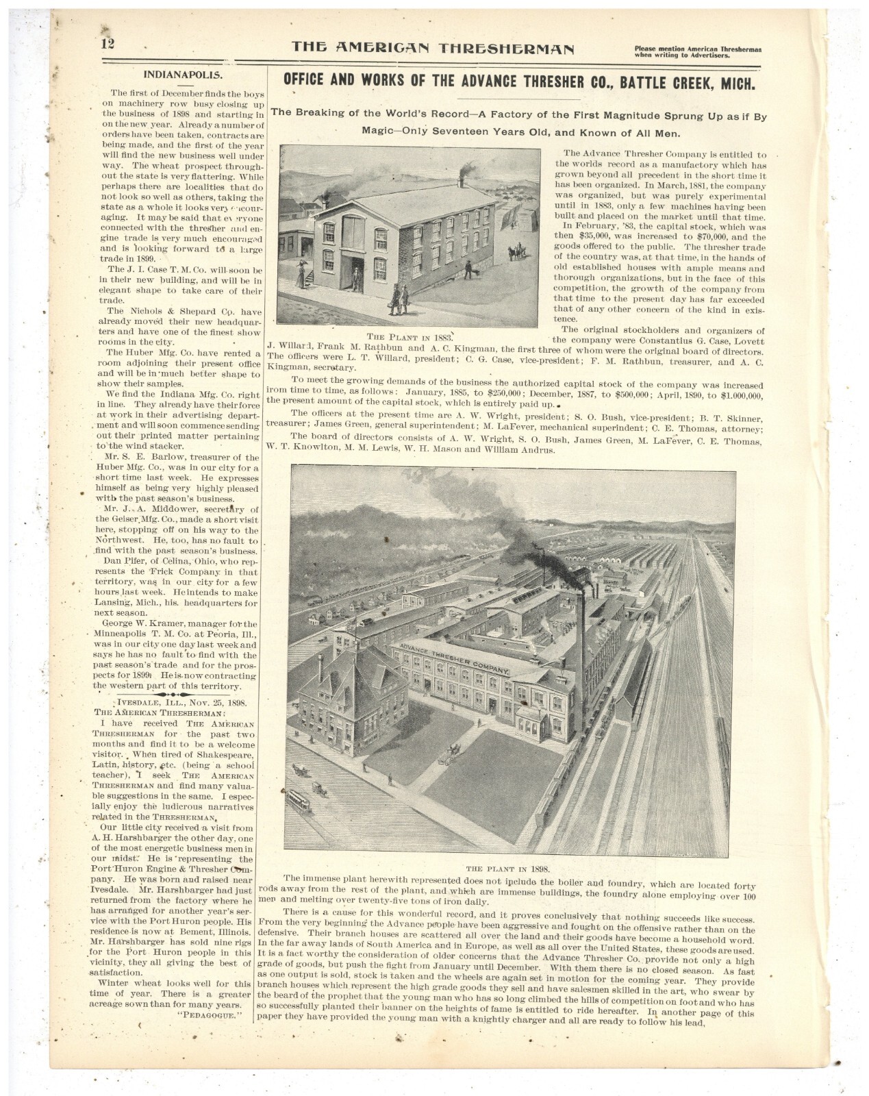 1899 Advance Thresher Co. Article & Pics: 1883 & 1898 Plant Pics. REV is Geiser