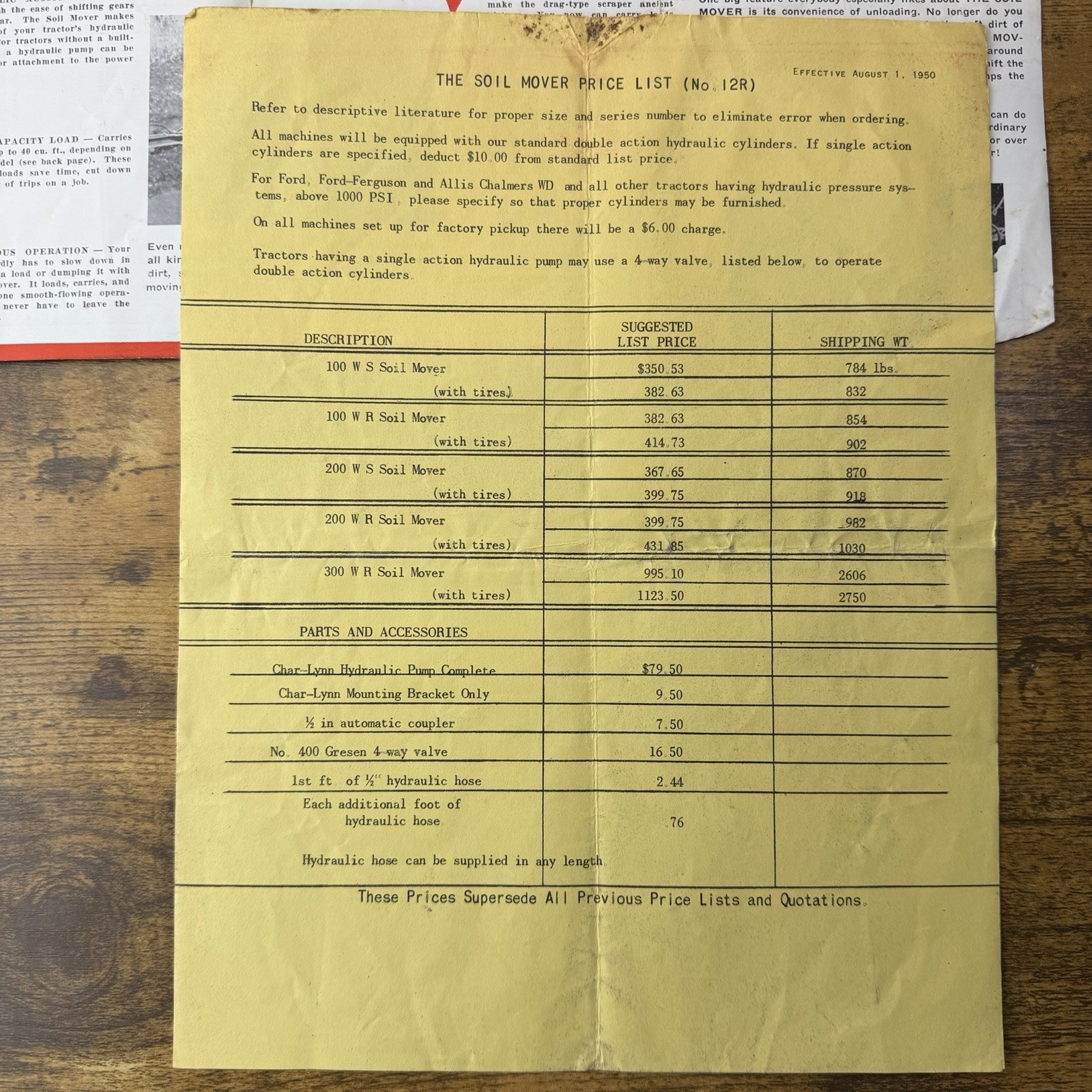 1950 Soil Mover Scraper Brochure & Price List – Columbus Nebraska Model WR WS