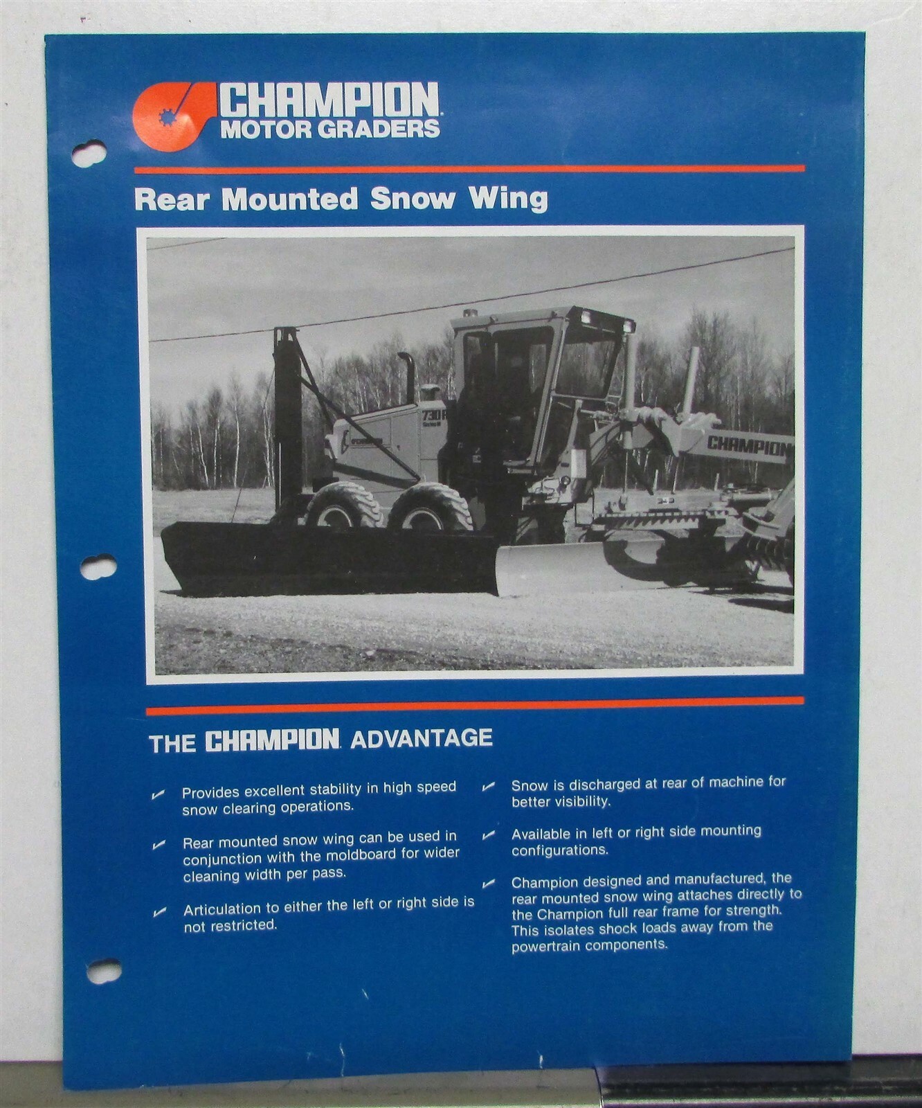 1992 Champion Rear Mounted Snow Wing Specifications Construction Sale Data Sheet
