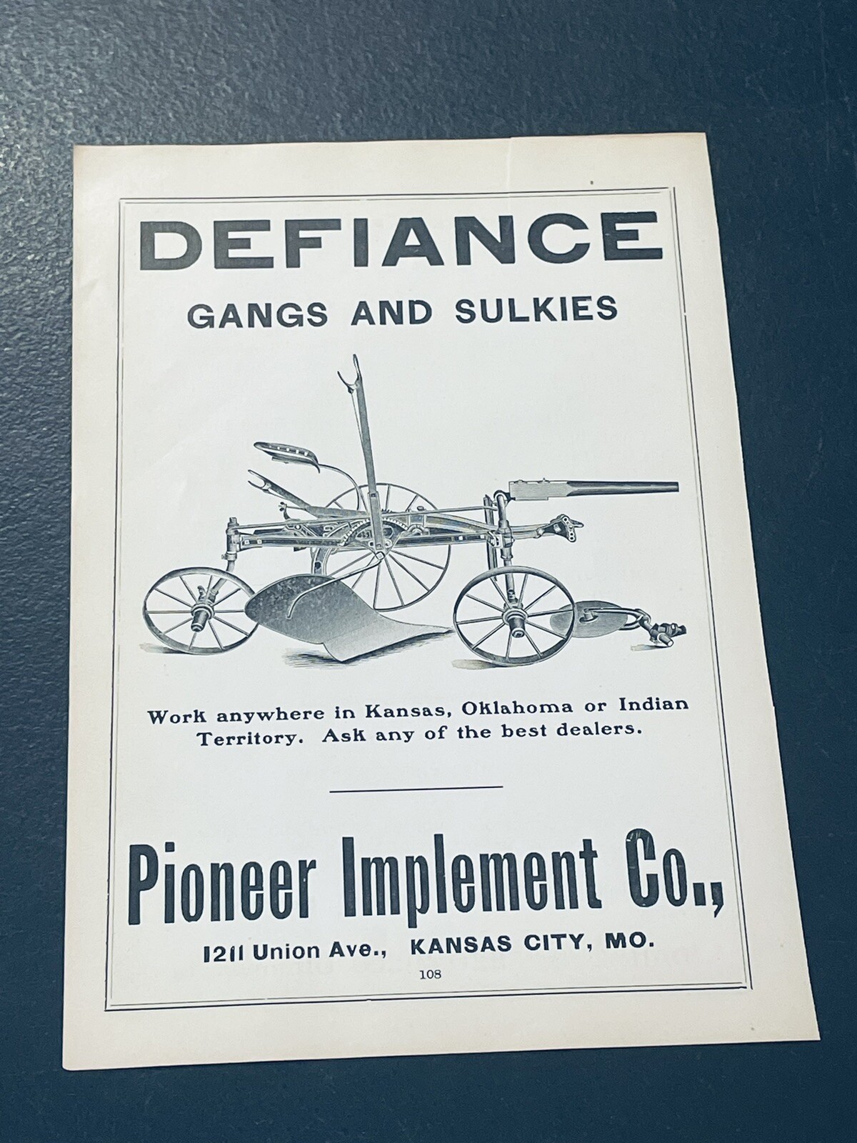 ORIGINAL 1907 Defiance Gangs & Sulkies Farm Pioneer Implement Advertising
