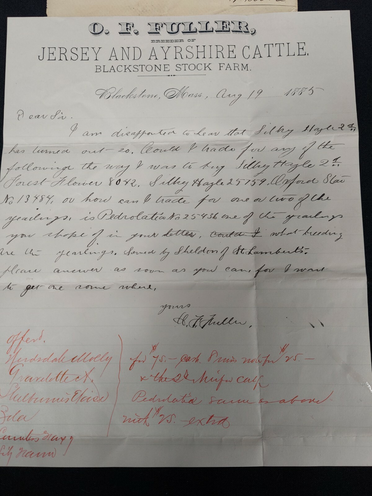1885 O.F. FULLER Letter Blackstone Mass. missent hand stamp rare