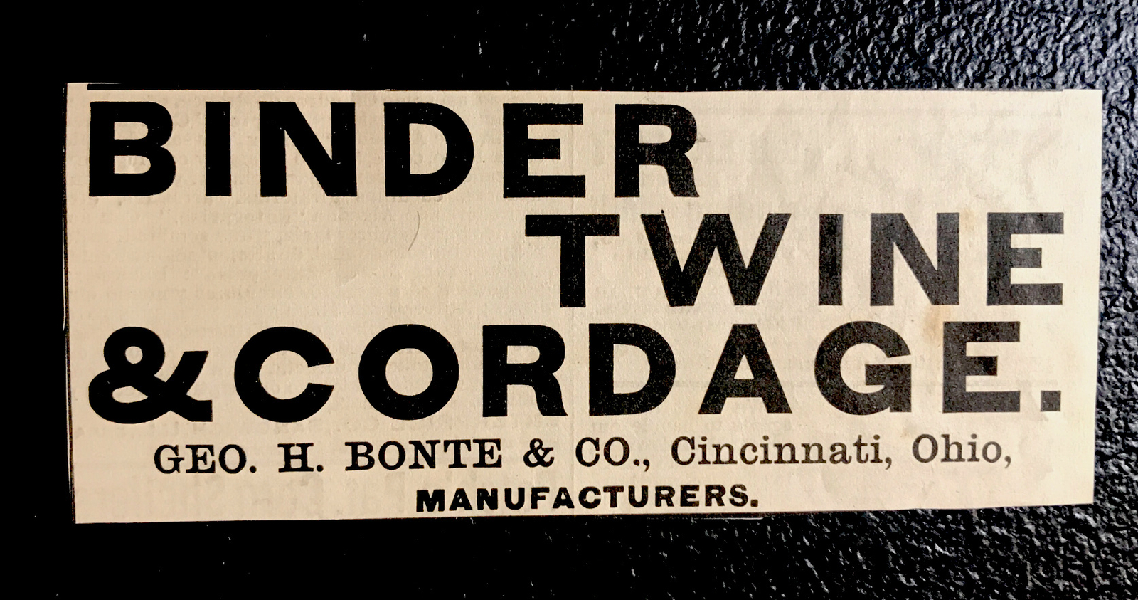 1886 Geo H Bonte & Co Binder Twine Farm Engraving Advertising – Cincinnati Ohio