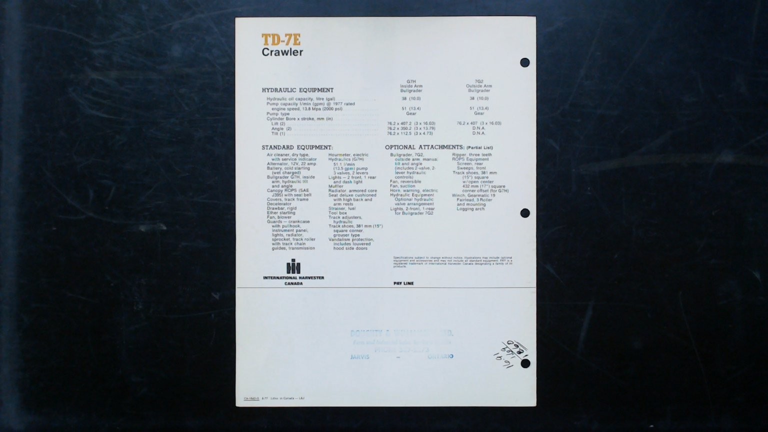 International TD-7E Crawler Brochure Vintage Agriculture Tractor Spec Sheet