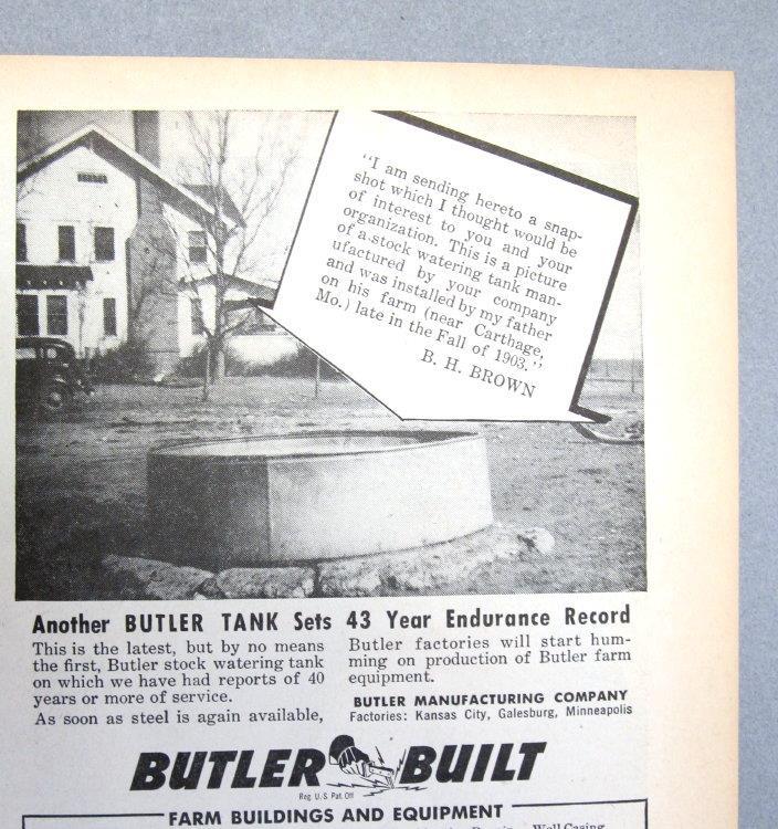 Dated Original 1946 Butler Tank Ad Endorsed B H Brown of Carthage, Missouri
