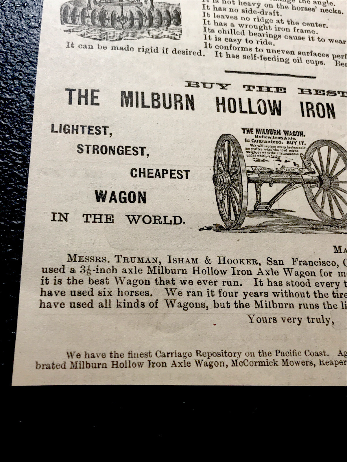 1886 Truman, Isham & Hooker Farm Implement Advertising – San Francisco – CA