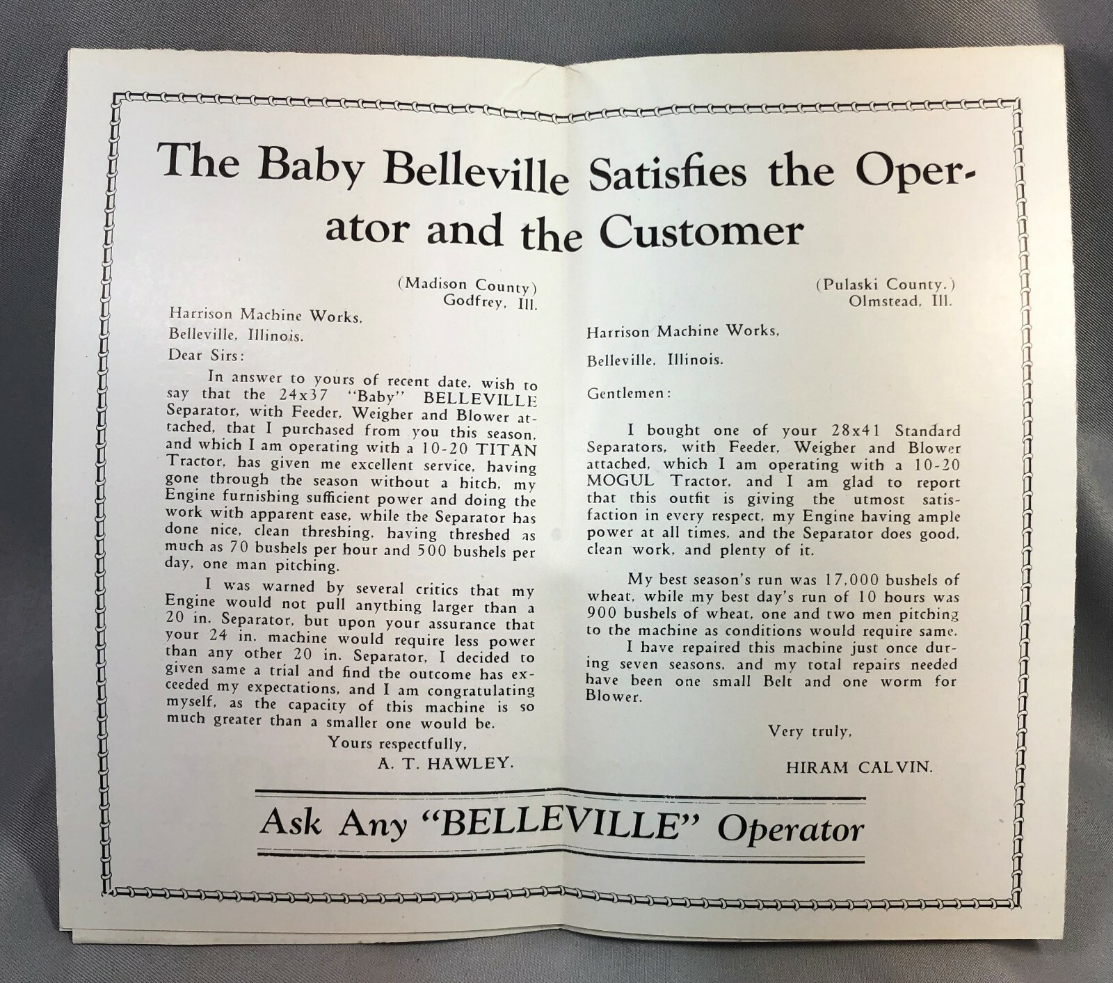 c 1920 BELLEVILLE Separator THRESHER Harrison FARM Machinery ANTIQUE Brochure