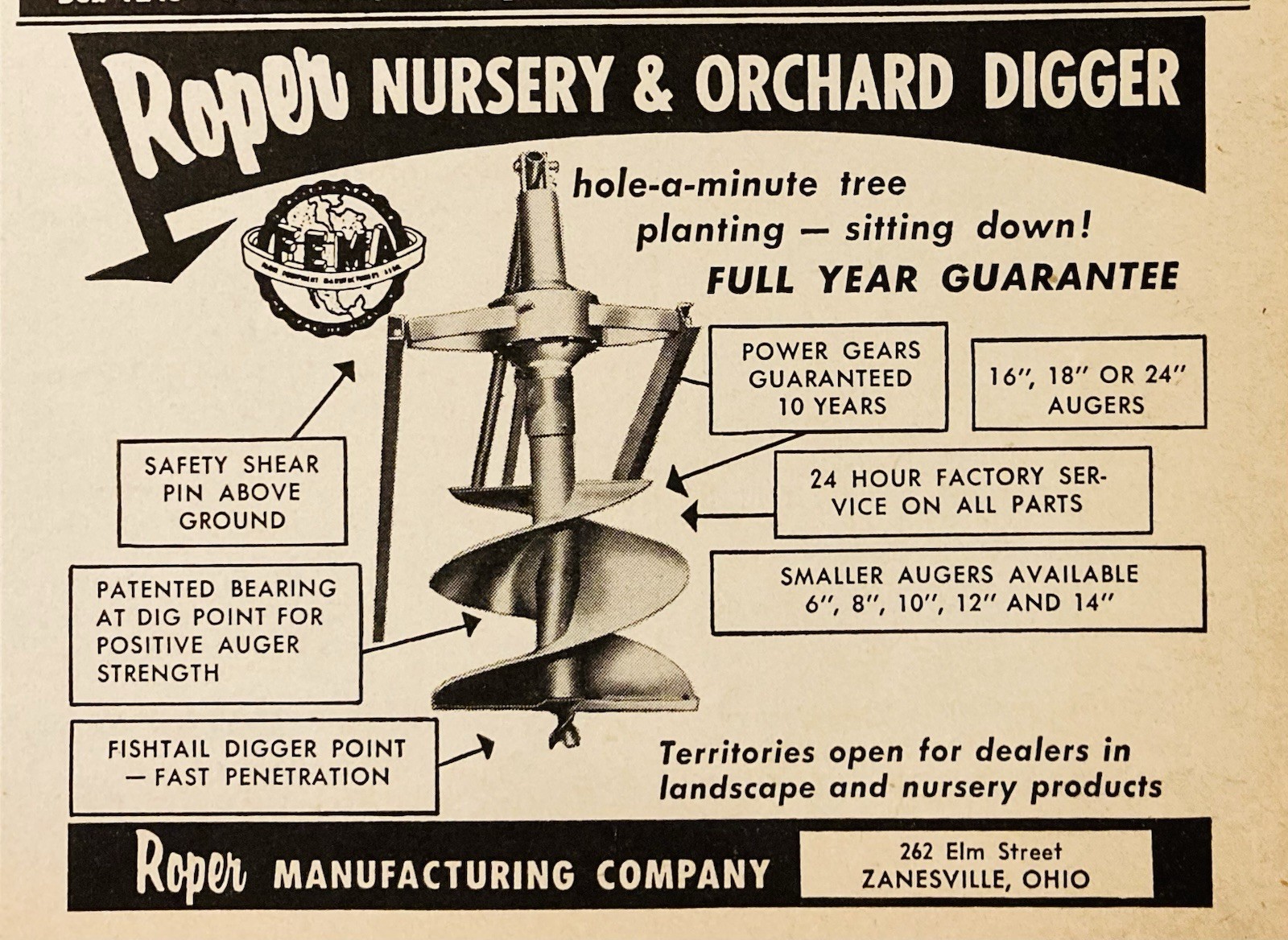 1958 AD.(PC6)~ROPER MFG. CO. ZANESVILLE, OHIO. ROPER NURSERY & ORCHARD DIGGER