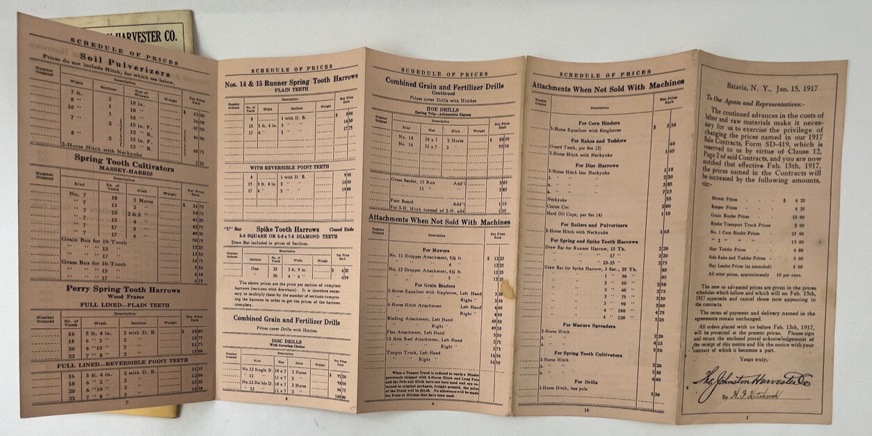 1912 &rsquo;17 3-Johnston Harvester Co Price List & Commission & Sale Contracts
