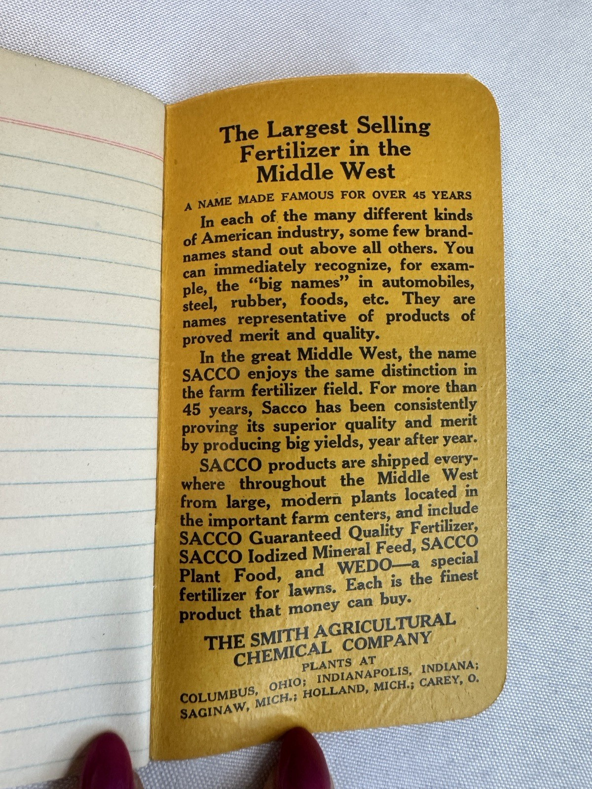 Vintage SACCO Fertilizer Iodized V-17 Mineral Feed Pocket Notebook Unused Memo