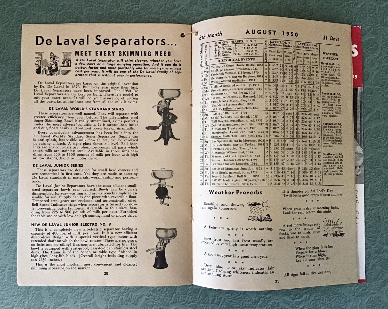 1950 DELAVAL Almanac Yearbook Weather Farm Dairy Agriculture JOHN DEERE SALES