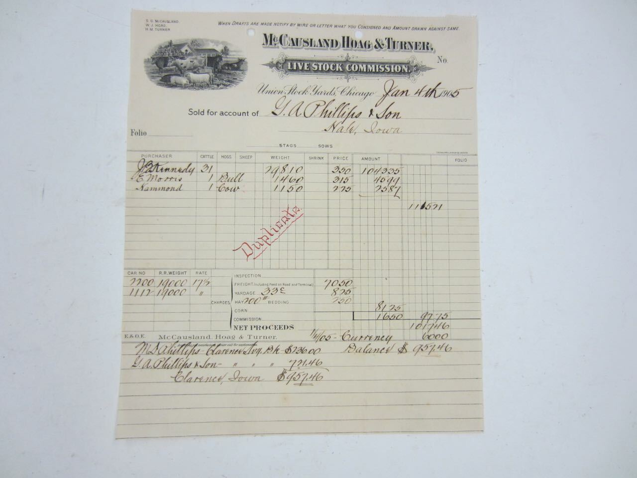 1905 McCAUSLAND HOAG & TURNER Livestock Commission Billhead Iowa Cattle