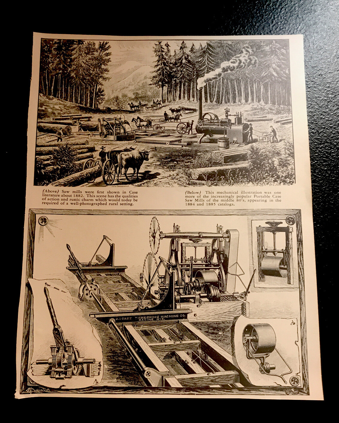 1882 J.I. Case Saw Mill & 1884 Portable Case Saw Mill Engraving Advertising