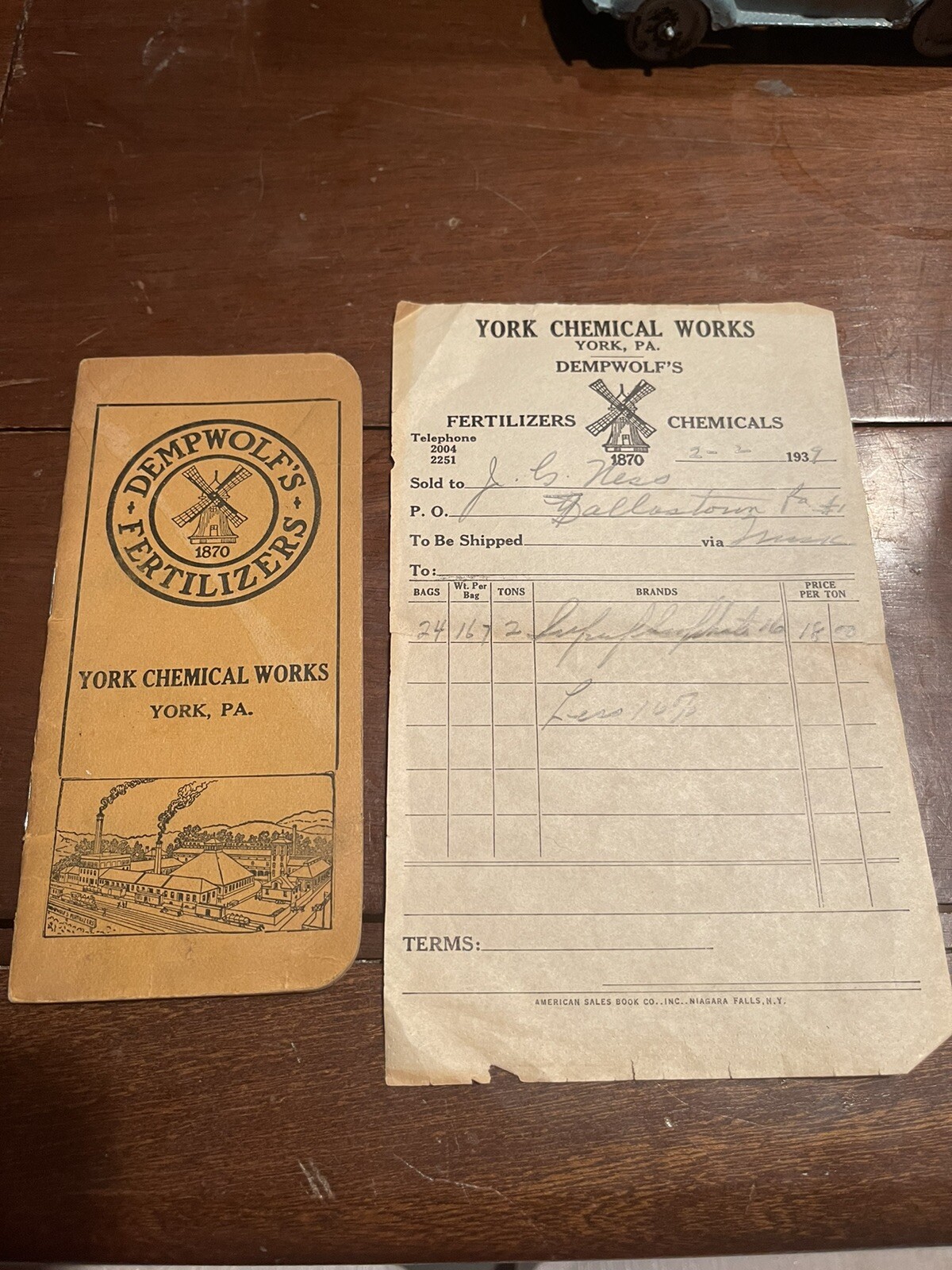 Dempwolfs Fertilizers advertising brochure and sales receipt