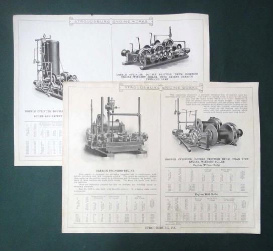 antique STROUDSBURG ENGINE CATALOG LEAFLETS pa SPUD ORANGE PEELER SWING LOGGING