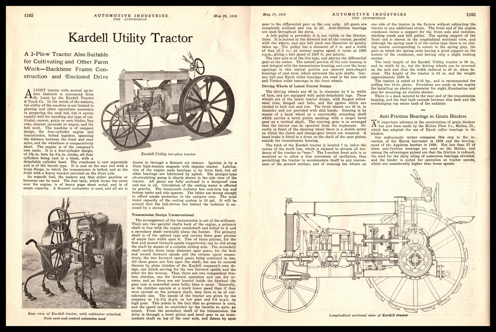 1919 Kardell Utility 2-Plow Tractor Photos & Schematic 2-Page Article Print Ad