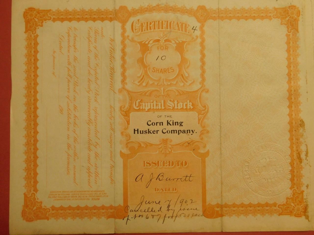 Corn King Husker Co. Rochester Indiana Stock Certificate No. 4 1902 (Shelf-4
