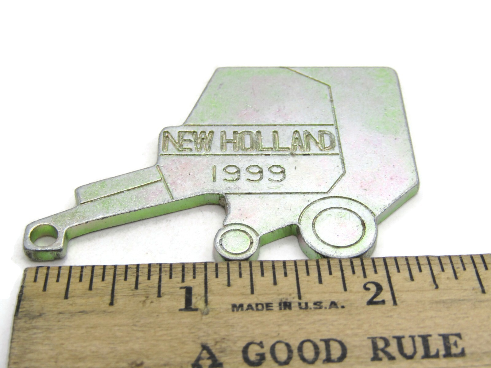 Vintage 1999 New Holland Combine Harvester Keychain Fob Metal Promo Farm Tag