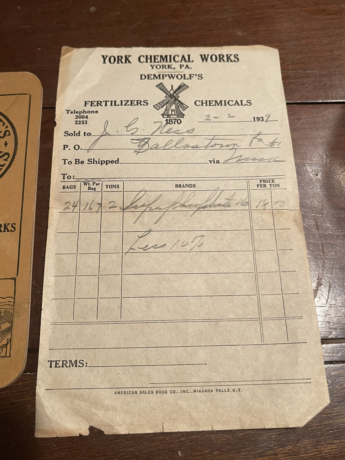 Dempwolfs Fertilizers advertising brochure and sales receipt