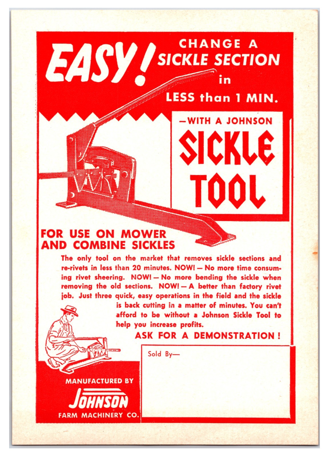 Johnson Farm Machinery Co. Sickle Tool – Original Print Ad (6.5in x 4) Brochure