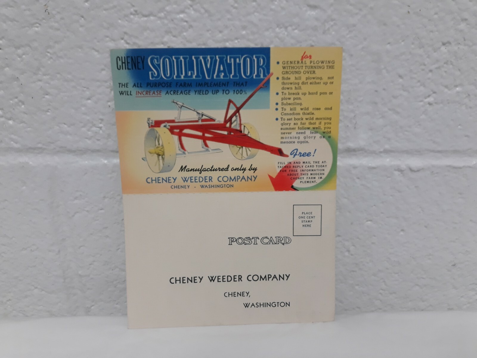 NOS Vintage Cheney Weeder Co. Soilivator farm implement double postcard, color