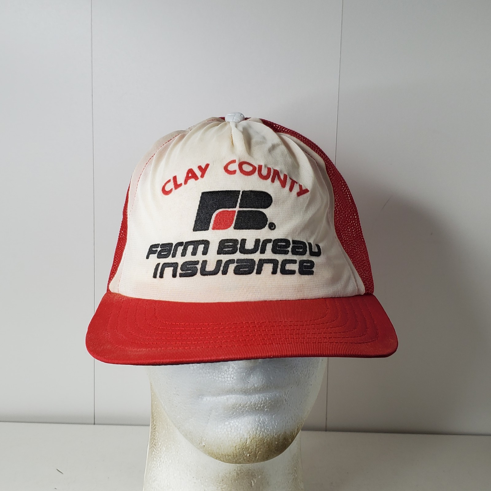 Vintage Clay County Farm Bureau Insurance Trucker Hat Red White Mesh Snapback