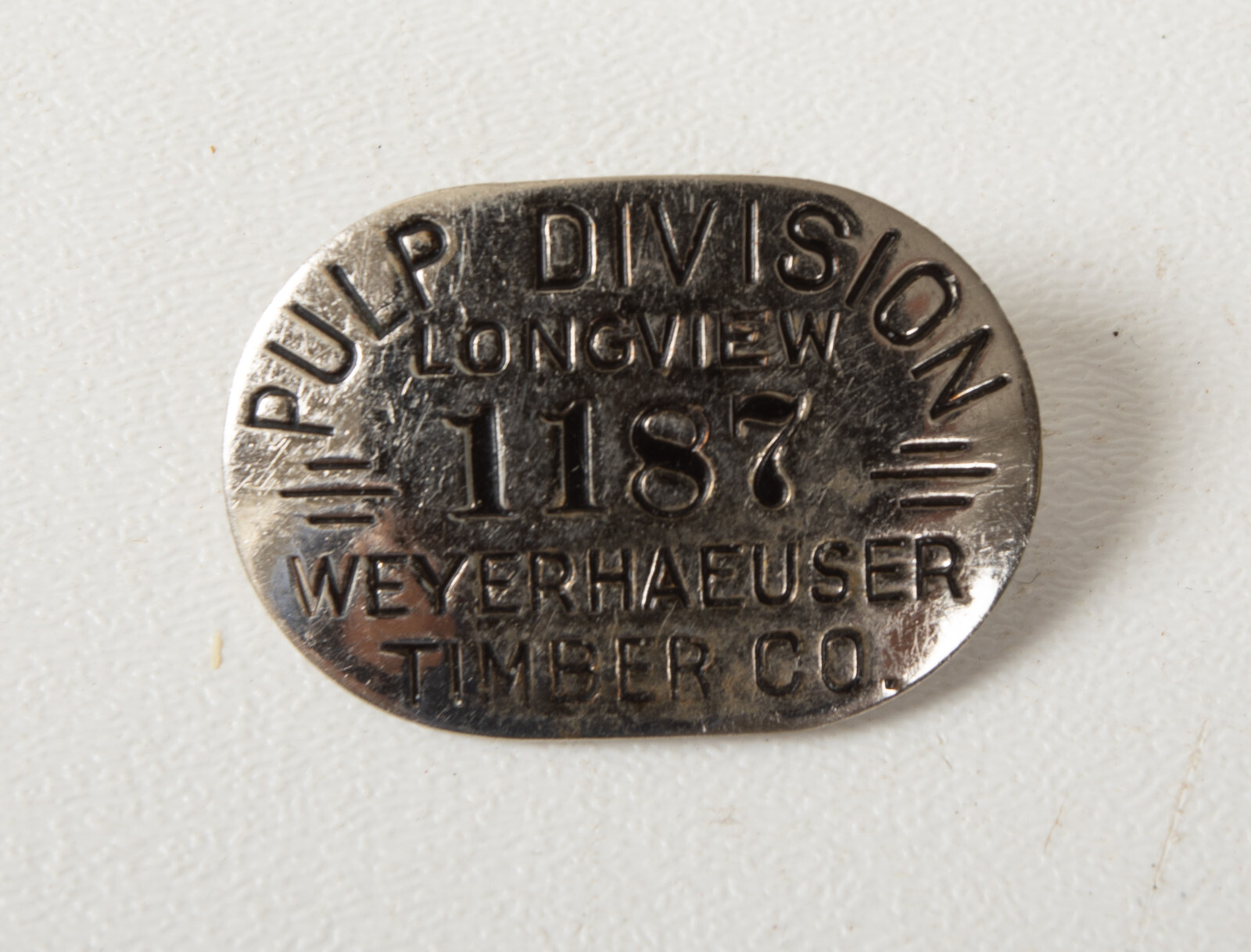 Weyerhaeuser Timber Co Employee Badge (B10B) Pulp Division (JSF6) Longview 1187