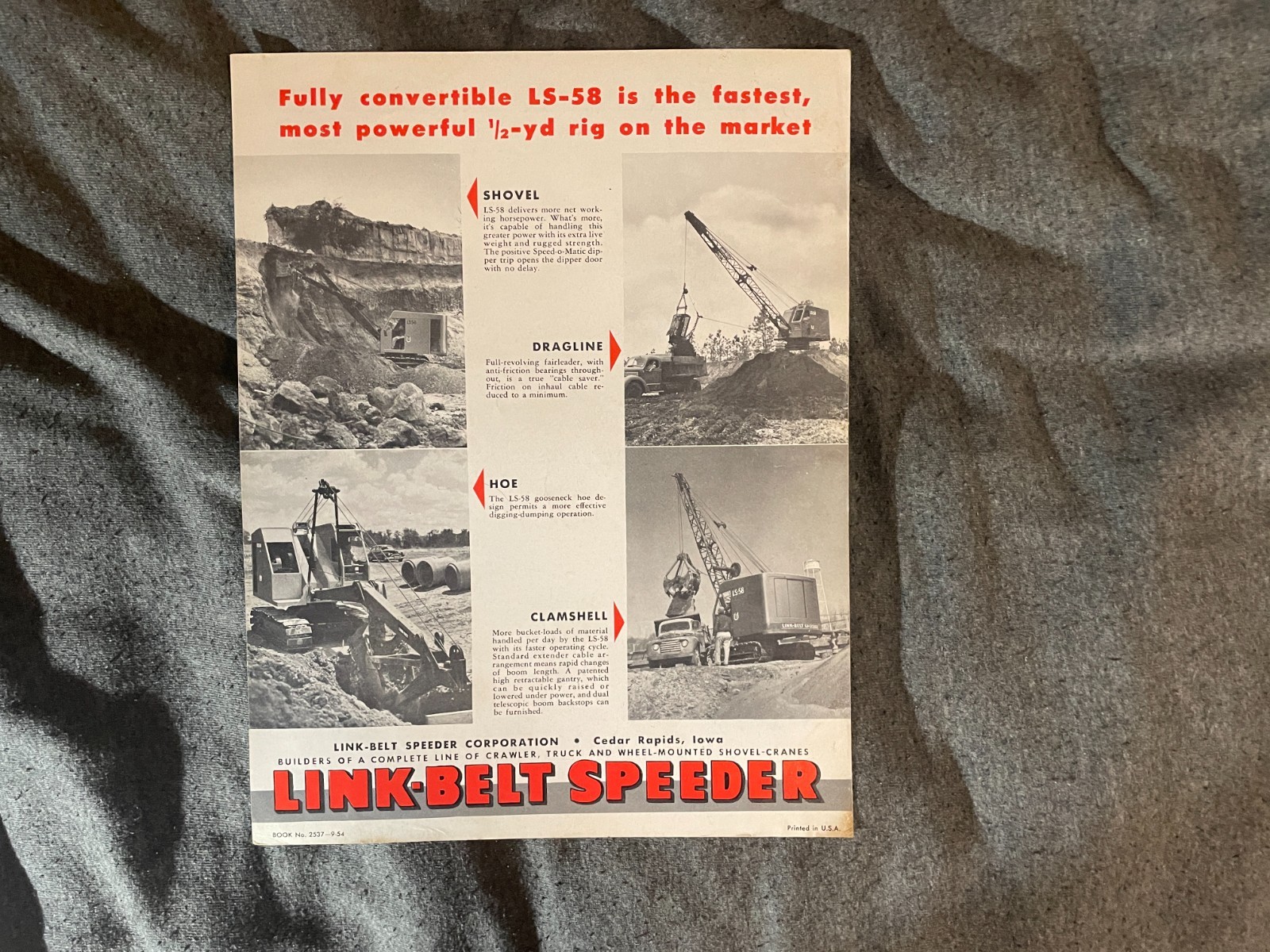 1950&rsquo;s Link Belt Speeder LS 58 1/2 Yard Shovel Crane Brochure Vintage