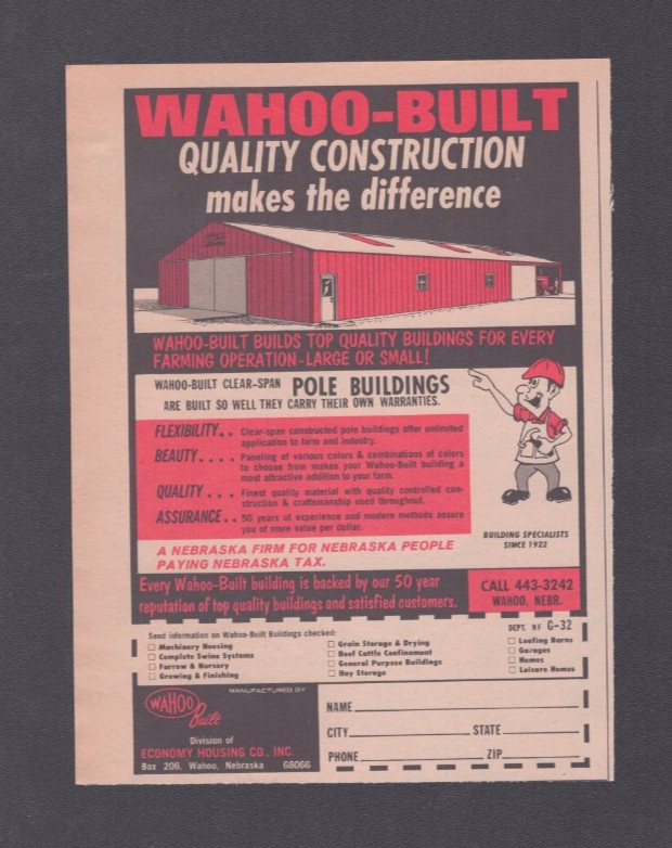 1972 Print Ad Wahoo Built Economy Housing Wahoo NE Quality Construction