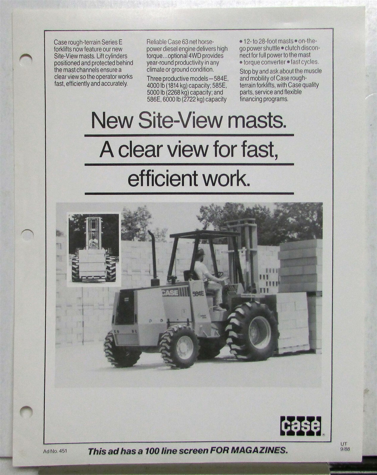 1989 Case Series E Forklift Construction Specifications Sales Data Sheet