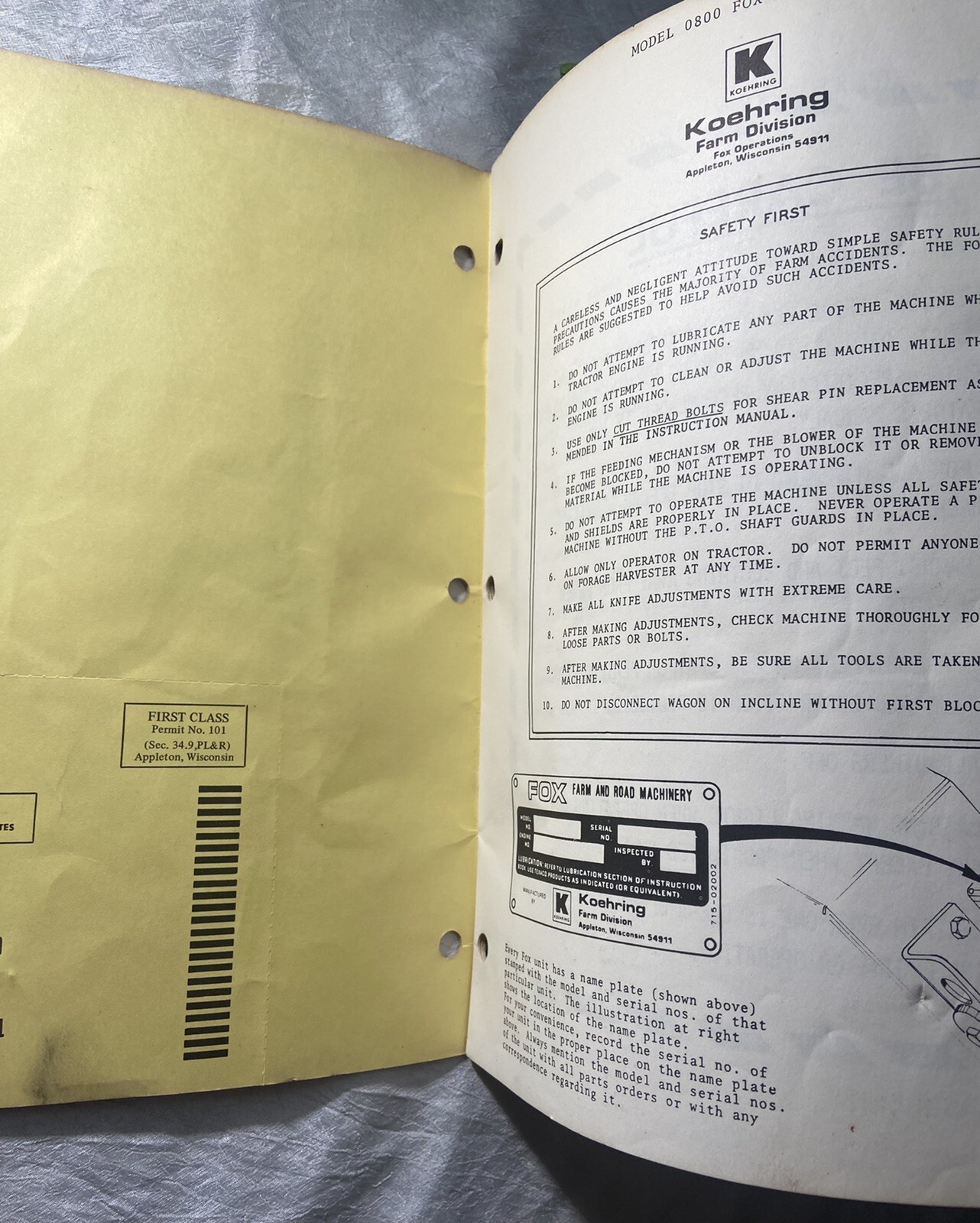 Vintage Koehring Farm Division Fox Pick Up Head Model 0800 Instruction Manual