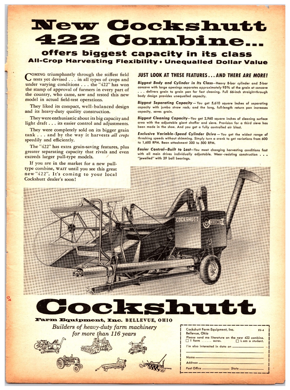 1950s Cockshutt 422 Combine Original Ad (8in x 11in) – Print Advertisement