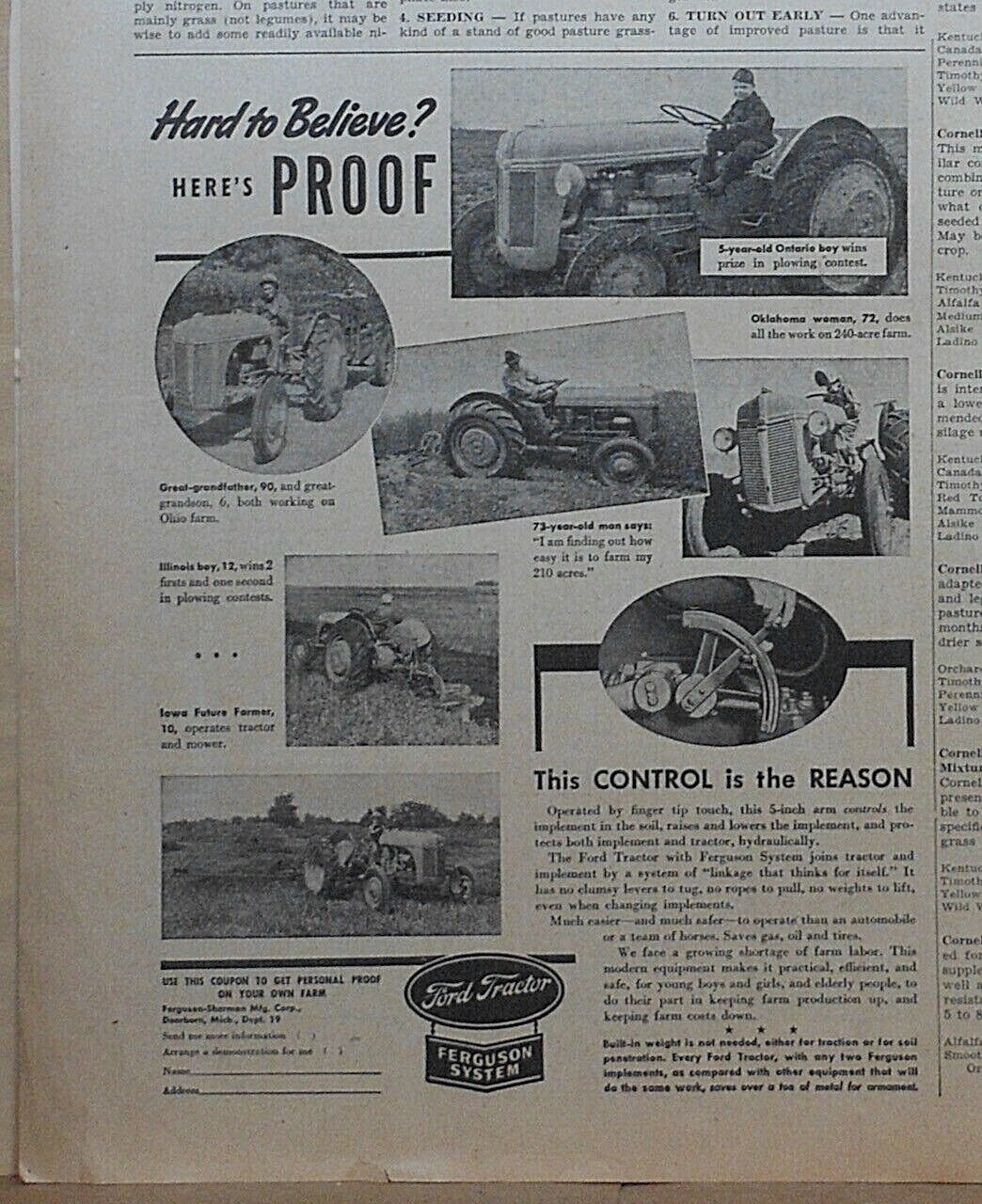 1942 magazine ad for Ford Tractor with Ferguson System – Easy for kids, seniors